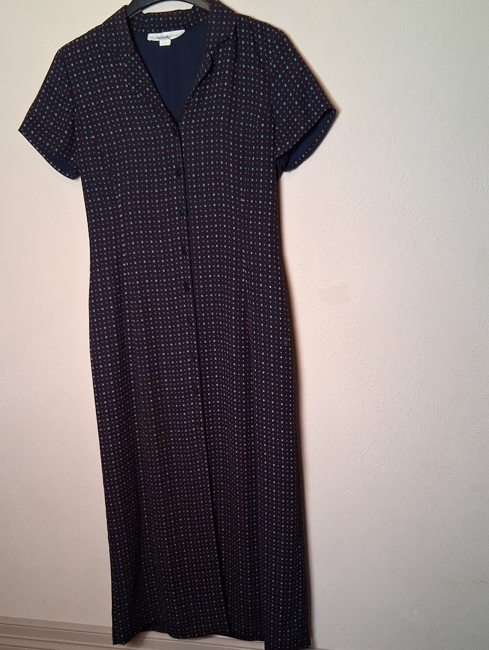 Josephine Chaus Navy Button Down Dress Vintage Red,Tan,& White Pattern